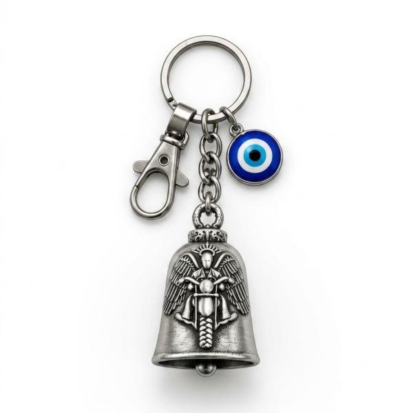 Evil Eye Guardian Bell Keychain – Biker Good Luck Bell with Evil Eye Charm | Ride Safe Protection Gift for Husband, Dad – collectible keychain accessory for car, bike and bag keys